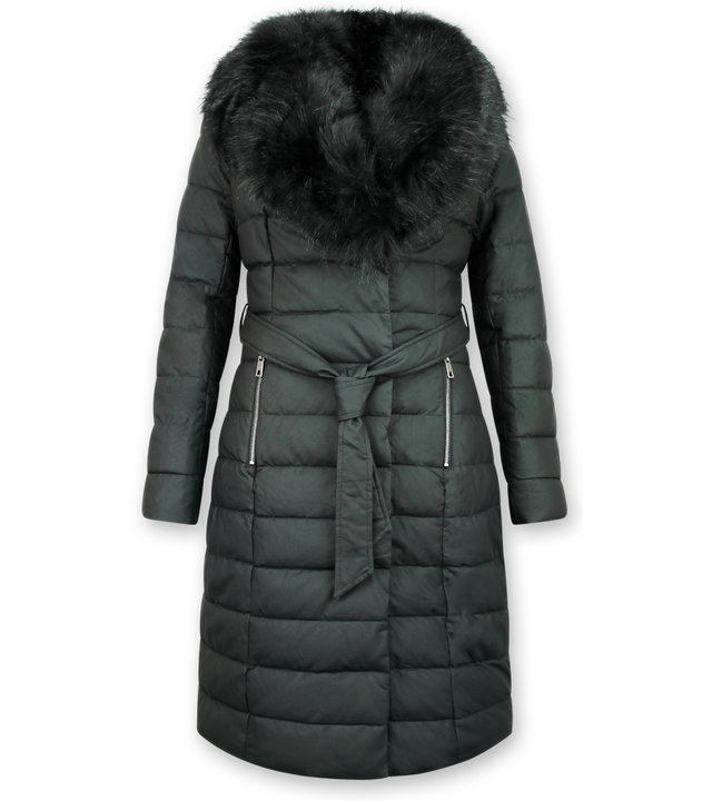 Macleria Parka Winterjacke Damen mit Kunstpelzkragen - Schwarz