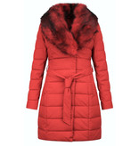 Macleria Lange Winterjacke Damen mit Kunstpelzkragen - Rot