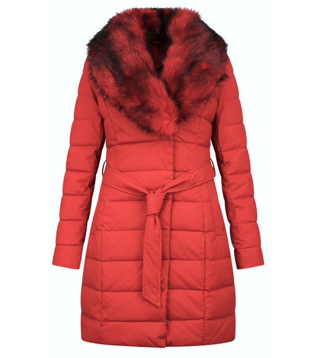 Macleria Lange Winterjacke Damen mit Kunstpelzkragen - Rot