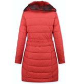 Macleria Lange Winterjacke Damen mit Kunstpelzkragen - Rot