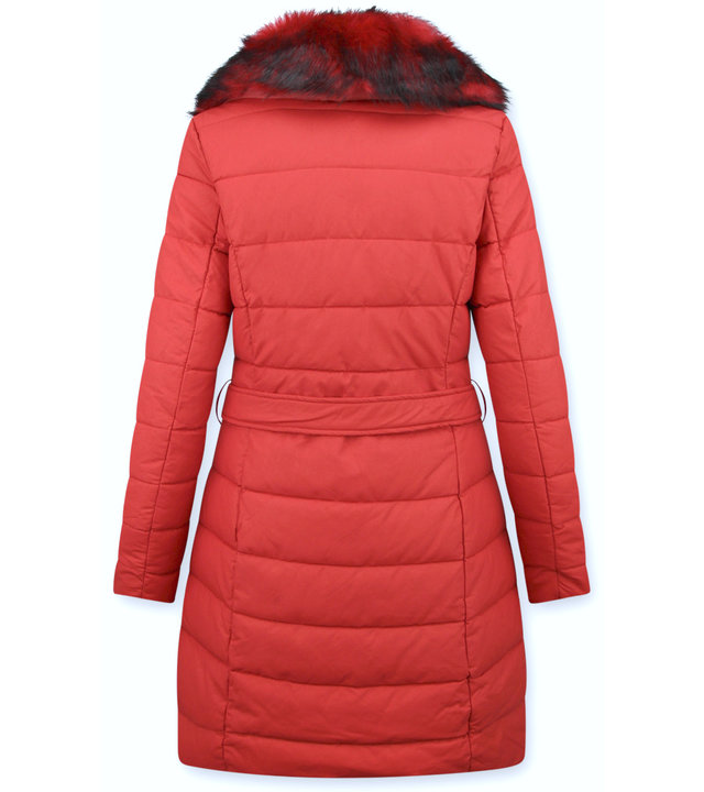 Macleria Lange Winterjacke Damen mit Kunstpelzkragen - Rot