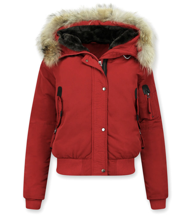 Macleria Winterjacke mit fell Damen - Kurze Jacke - Rot