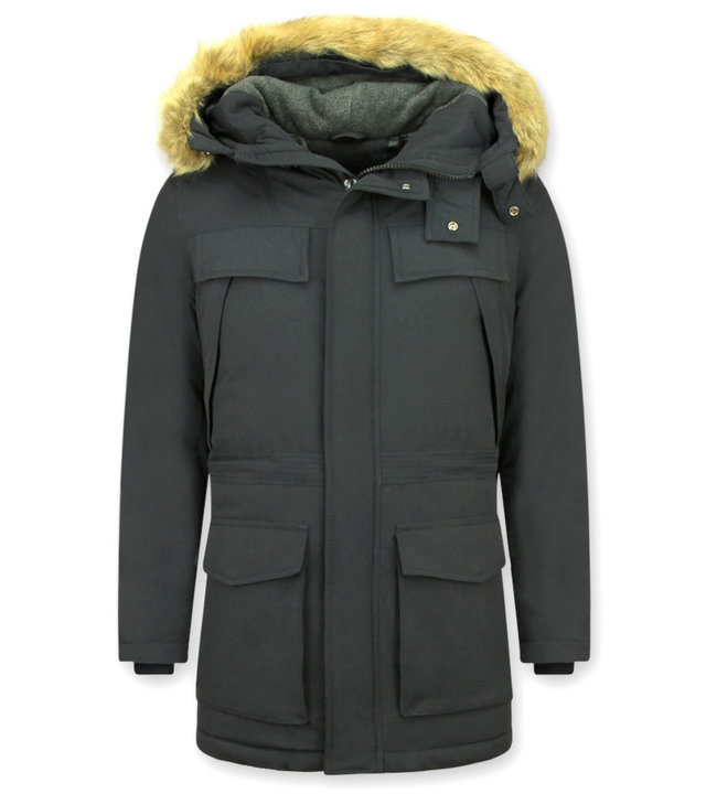 Enos Winterjacke Herren - Parka mit Fellkragen - Schwarz