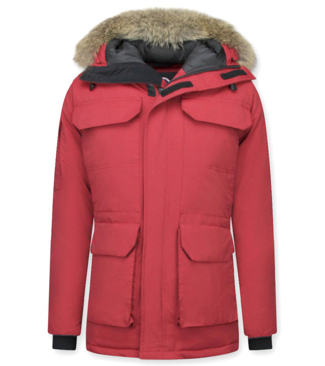 Beluomo Winterjacke Herren - Parka Lang mit Fellkragen - Expedition Parka - Rot