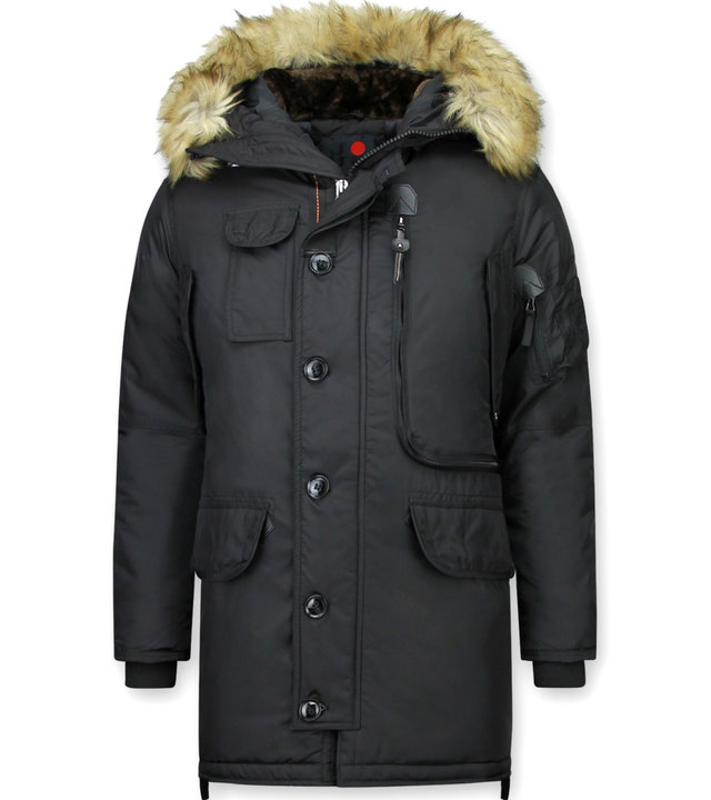 Just Key Winterjacke Herren - Parka Lang mit Fellkragen - Schwarz