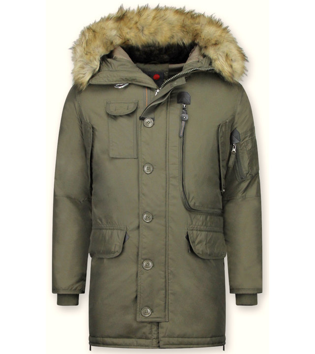 Just Key Winterjacke Herren - Parka Lang mit Fellkragen - Grün