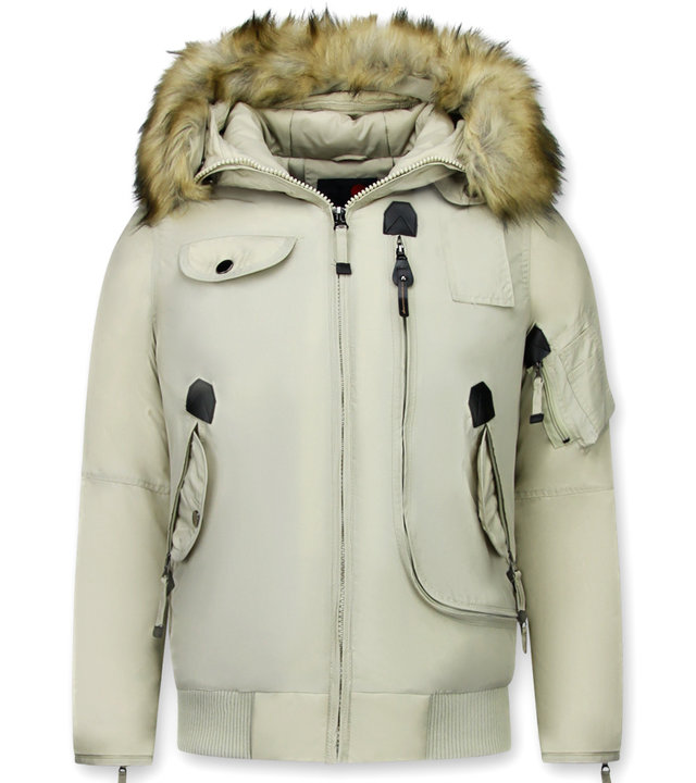 Just Key Jacken mit Fellkragen - Winterjacken Herren Kurze - Pilot Jack - Beige