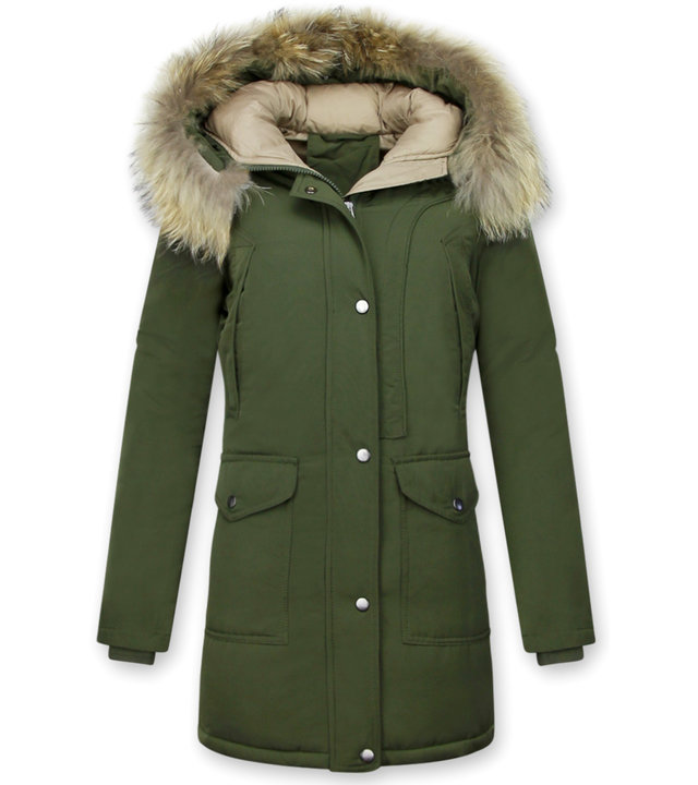 Macleria Jacken mit Fellkragen - Winterjacken Damen Lange - Parka - Khaki