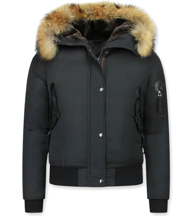 Macleria Jacke mit Fellkragen - Winterjacke Damen Kurz - Schwarz