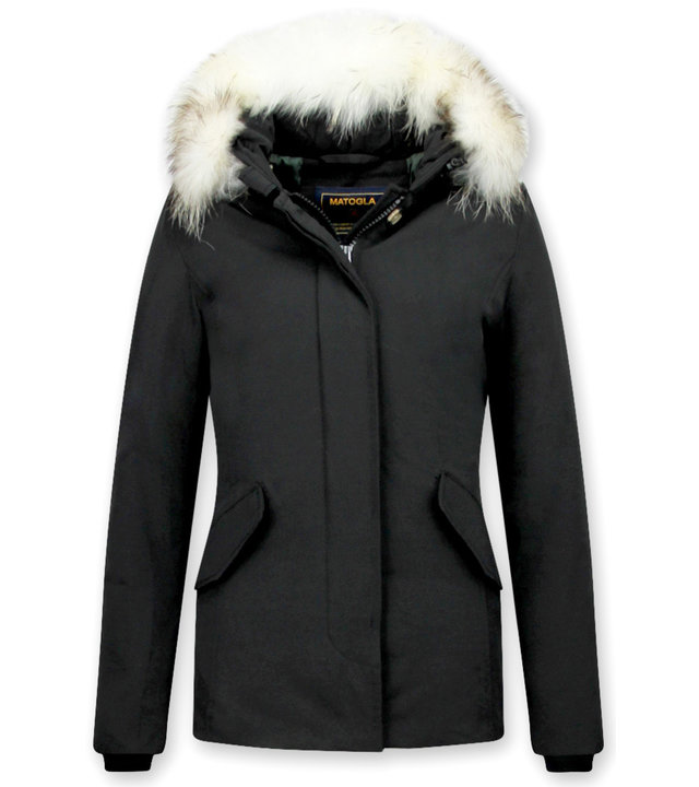 Matogla Jacke mit Fellkragen - Winterjacke Damen Kurz - Schwarz