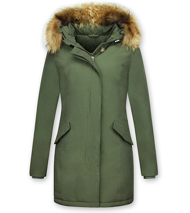 TheBrand Winterjacke Damen - Parka Lang mit Fellkragen- Khaki