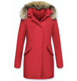 TheBrand Jacke mit Fellkragen - Winterjacke Damen - Parka Taschen - Rot