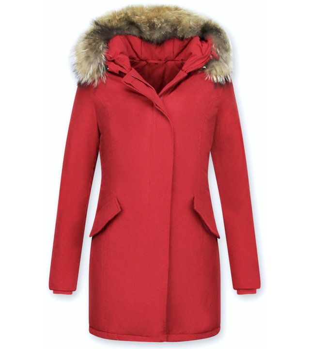 TheBrand Jacke mit Fellkragen - Winterjacke Damen - Parka Taschen - Rot