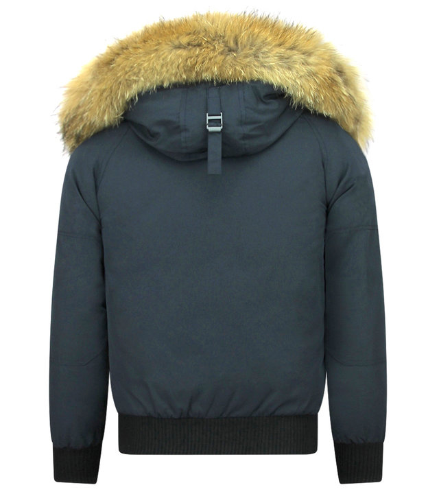 Enos Kurze Winterjacke Herren - Pelzkragen Bomberjacke - Blau