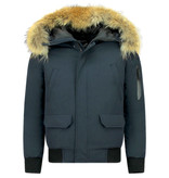 Enos Kurze Winterjacke Herren - Pelzkragen Bomberjacke - Blau