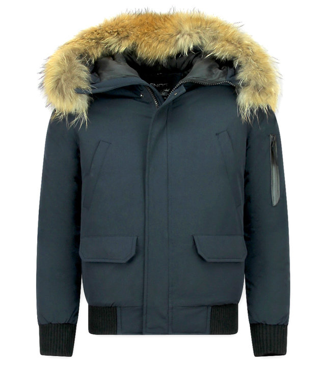 Enos Kurze Winterjacke Herren - Pelzkragen Bomberjacke - Blau