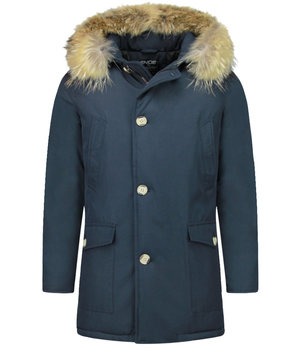 Enos Jacke mit Fellkragen - Winterjacke Herren Lang Parka - Großer Pelzkragen - Blau