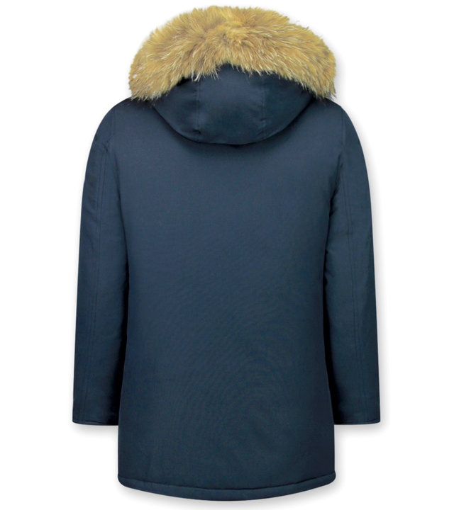 Enos Jacke mit Fellkragen - Winterjacke Herren Lang Parka - Großer Pelzkragen - Blau