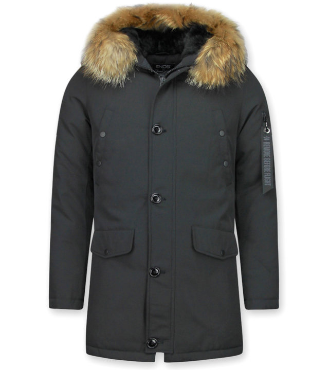 Enos Winterjacke Herren - Lange Jacke mit Fellkragen - Großer Pelzkragen - Parka - Schwarz