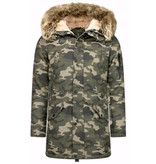 Enos Winterjacke Herren - Langer Parka mit Kunstfell Kragen - Kunstfellkragen - Camouflage Grün