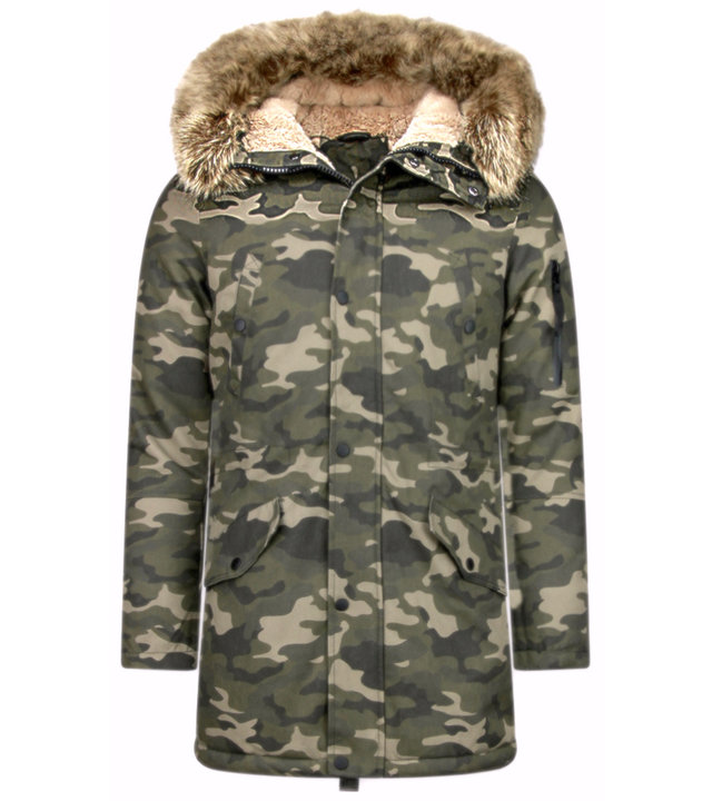 Enos Winterjacke Herren - Langer Parka mit Kunstfell Kragen - Kunstfellkragen - Camouflage Grün