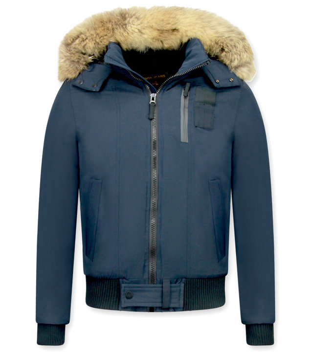 Enos Winterjacke Herren - Kurze Jacke mit Fellkragen - Großer Pelzkragen - Blau