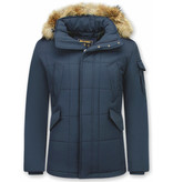 Beluomo Parka Winterjacke Herren Lange mit Fellkragen - Parka Karo - Blau