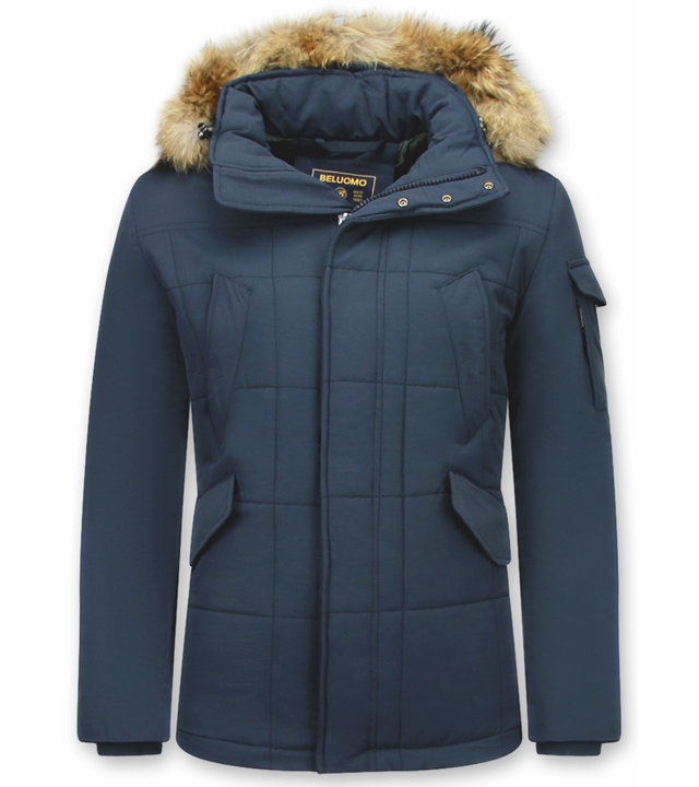 Beluomo Parka Winterjacke Herren Lange mit Fellkragen - Parka Karo - Blau