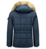 Beluomo Parka Winterjacke Herren Lange mit Fellkragen - Parka Karo - Blau