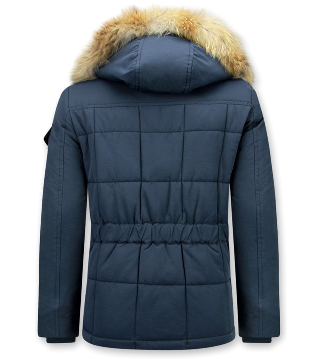 Beluomo Parka Winterjacke Herren Lange mit Fellkragen - Parka Karo - Blau