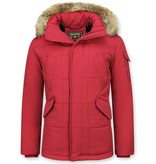 Beluomo Parka Winterjacke Herren Lange mit Fellkragen - Parka Karo - Rot Beluomo Parka Winterjacke Herren Lange mit Fellkragen - Parka Karo - Rot