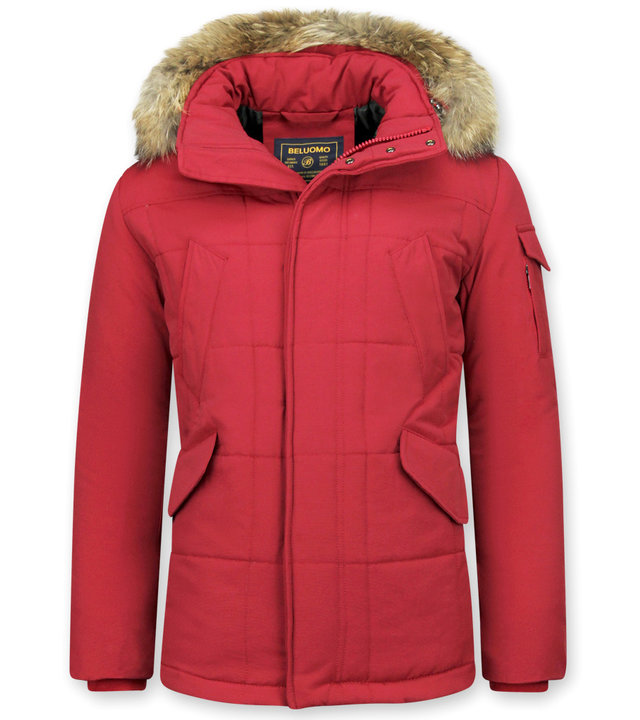 Beluomo Parka Winterjacke Herren Lange mit Fellkragen - Parka Karo - Rot