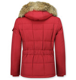 Beluomo Parka Winterjacke Herren Lange mit Fellkragen - Parka Karo - Rot Beluomo Parka Winterjacke Herren Lange mit Fellkragen - Parka Karo - Rot
