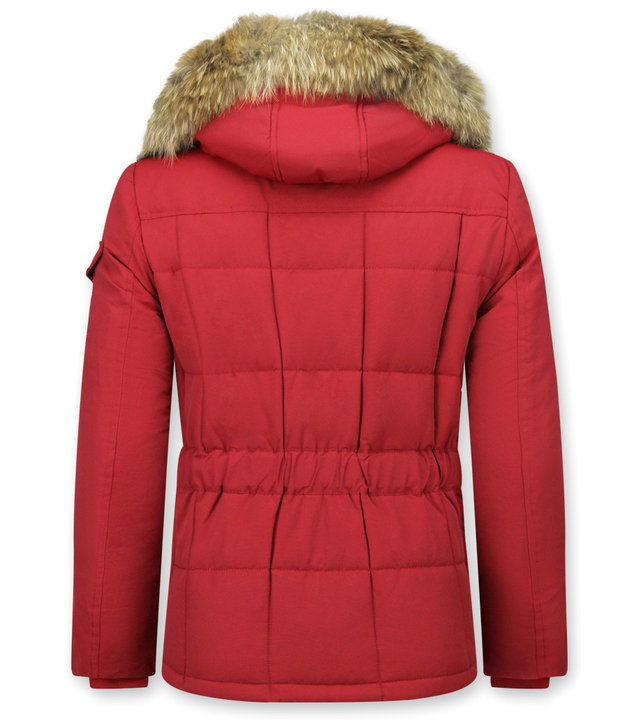 Beluomo Parka Winterjacke Herren Lange mit Fellkragen - Parka Karo - Rot