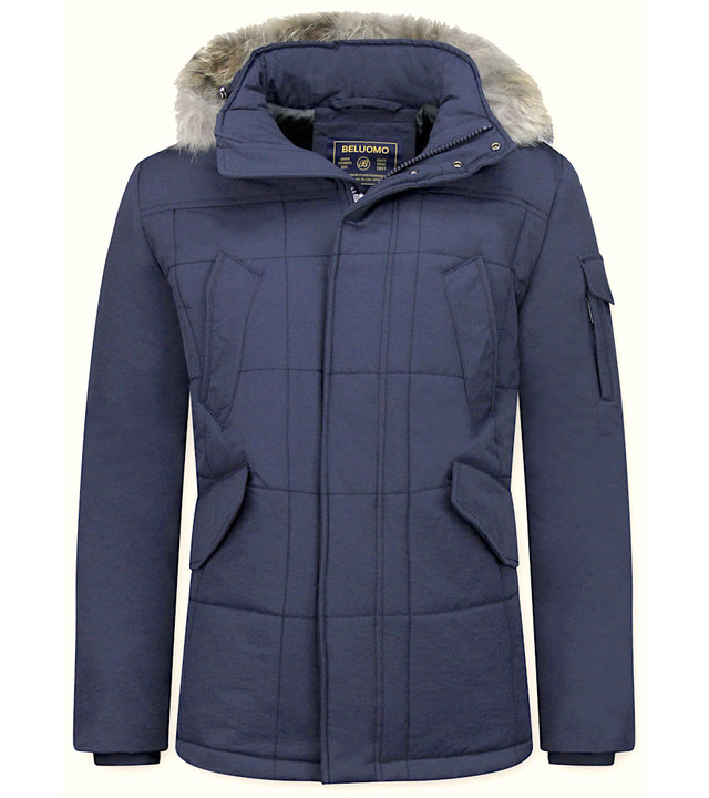 Beluomo Parka Winterjacke Herren Lange mit Fellkragen - Parka Karo -  Blau