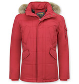 Beluomo Parka Winterjacke Herren Lange mit Fellkragen - Parka Karo - Rot