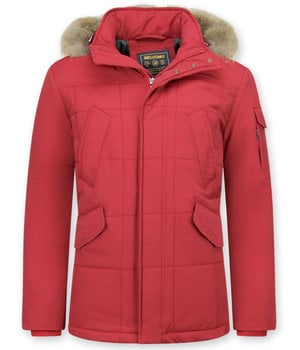 Beluomo Parka Winterjacke Herren Lange mit Fellkragen - Parka Karo - Rot