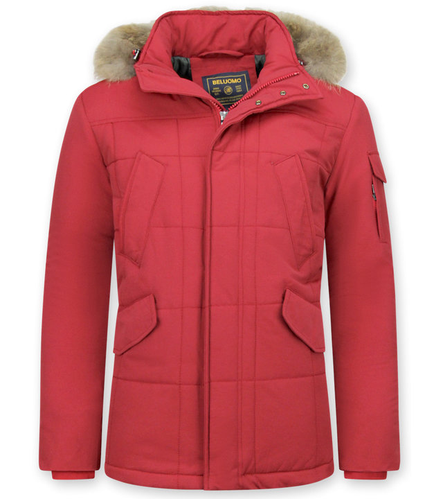 Beluomo Parka Winterjacke Herren Lange mit Fellkragen - Parka Karo - Rot