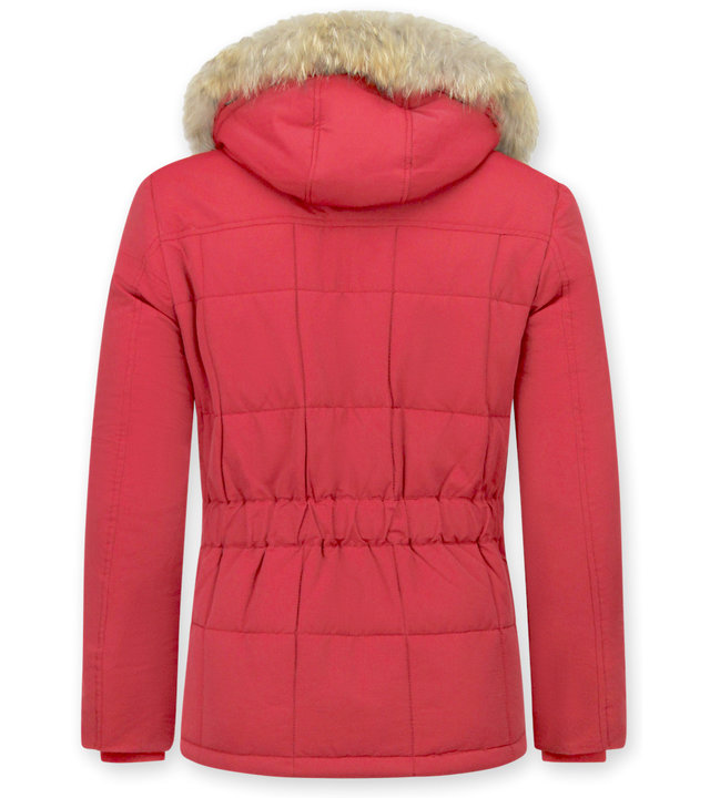 Beluomo Parka Winterjacke Herren Lange mit Fellkragen - Parka Karo - Rot