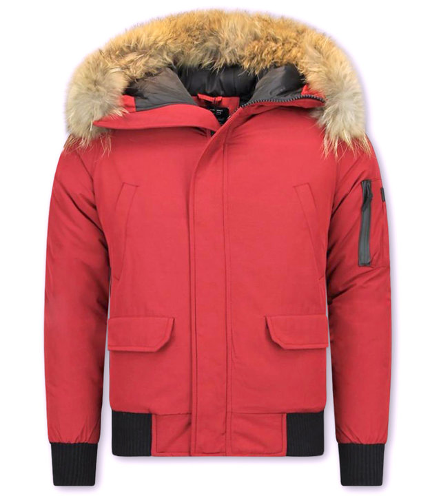 Enos Kurze Winterjacke Herren - Pelzkragen - Echtfell Jacke - Canada - Rot