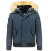 Enos Kurze Winterjacke Herren - Pelzkragen - Echtfell Jacke - Blau