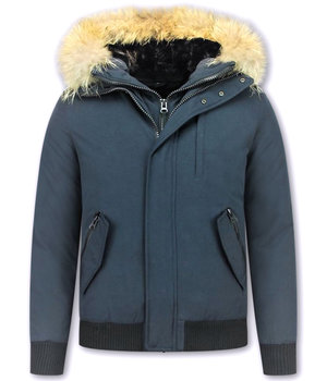 Enos Kurze Winterjacke Herren - Pelzkragen - Echtfell Jacke - Blau