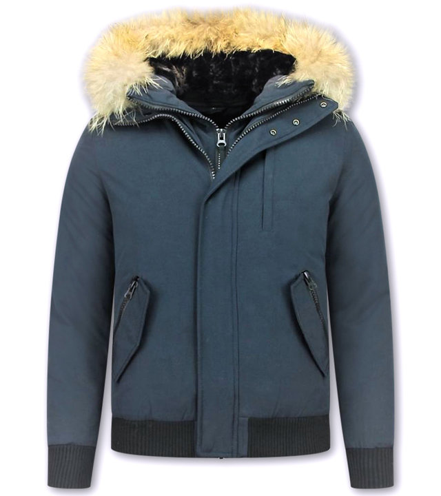 Enos Kurze Winterjacke Herren - Pelzkragen - Echtfell Jacke - Blau