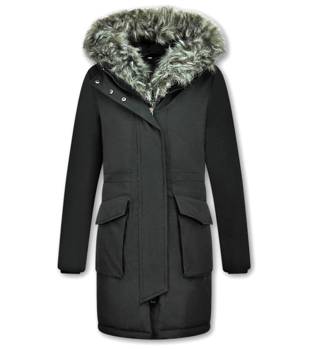 Macleria Kunstfell Jacke - Winterjacke mit Fell - Winterjacke Damen - Schwarzer parka -Schwarz