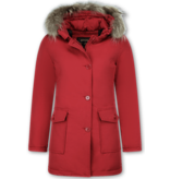 Beluomo Jacken mit Fellkragen - Winterjacken Damen Lange - Parka Wooly - Paspeltasche - Rot