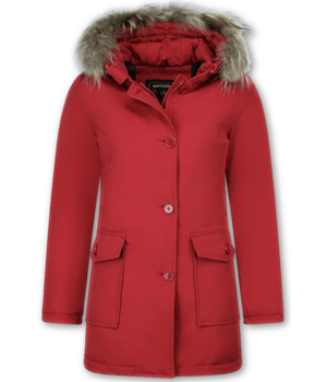 Beluomo Jacken mit Fellkragen - Winterjacken Damen Lange - Parka Wooly - Paspeltasche - Rot