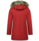 Beluomo Jacken mit Fellkragen - Winterjacken Damen Lange - Parka Wooly - Paspeltasche - Rot