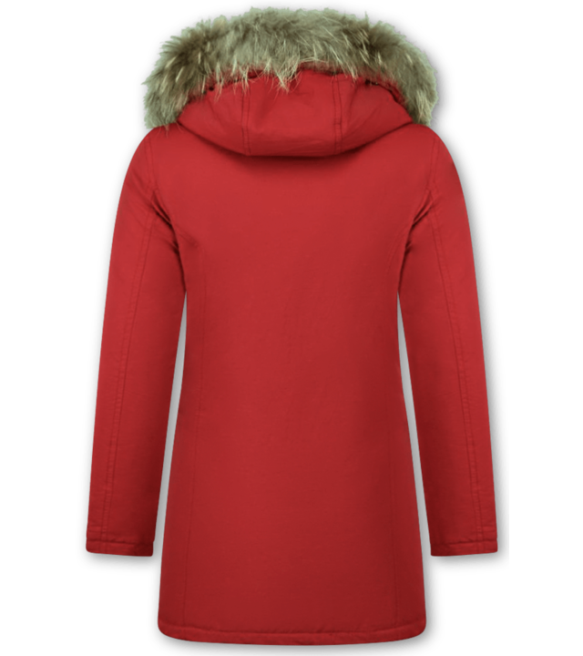 Beluomo Jacken mit Fellkragen - Winterjacken Damen Lange - Parka Wooly - Paspeltasche - Rot