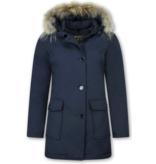 Beluomo Jacken mit Fellkragen - Winterjacken Damen Lange - Parka Wooly - Paspeltasche - Blau