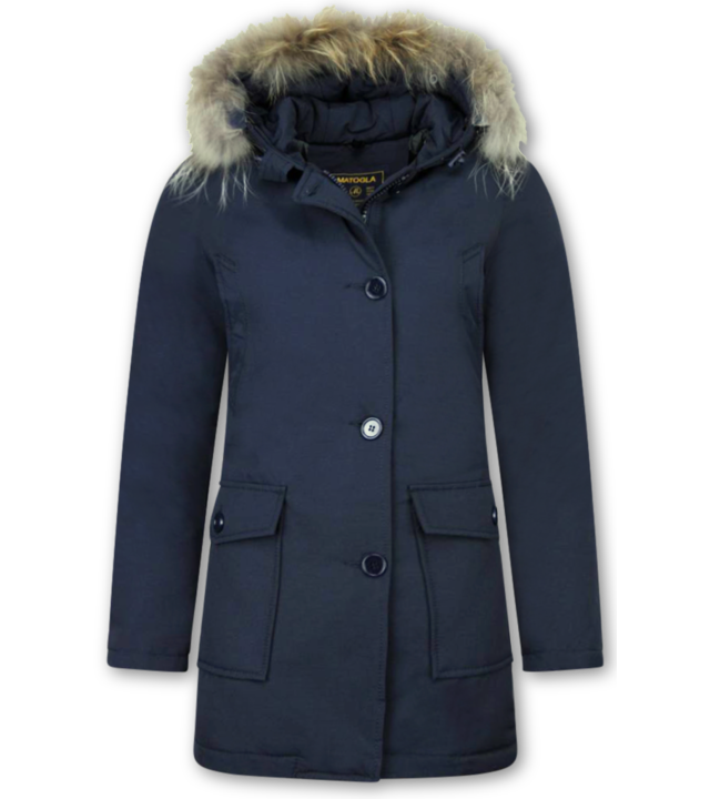 Beluomo Jacken mit Fellkragen - Winterjacken Damen Lange - Parka Wooly - Paspeltasche - Blau